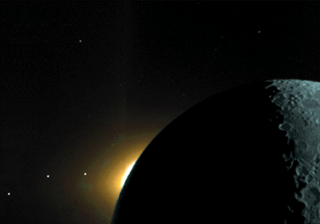 Several planets and the Sun's corona seen together over the dark limb of the Moon. Credit: The Clementine Project, commissioned by NASA (Public domain).