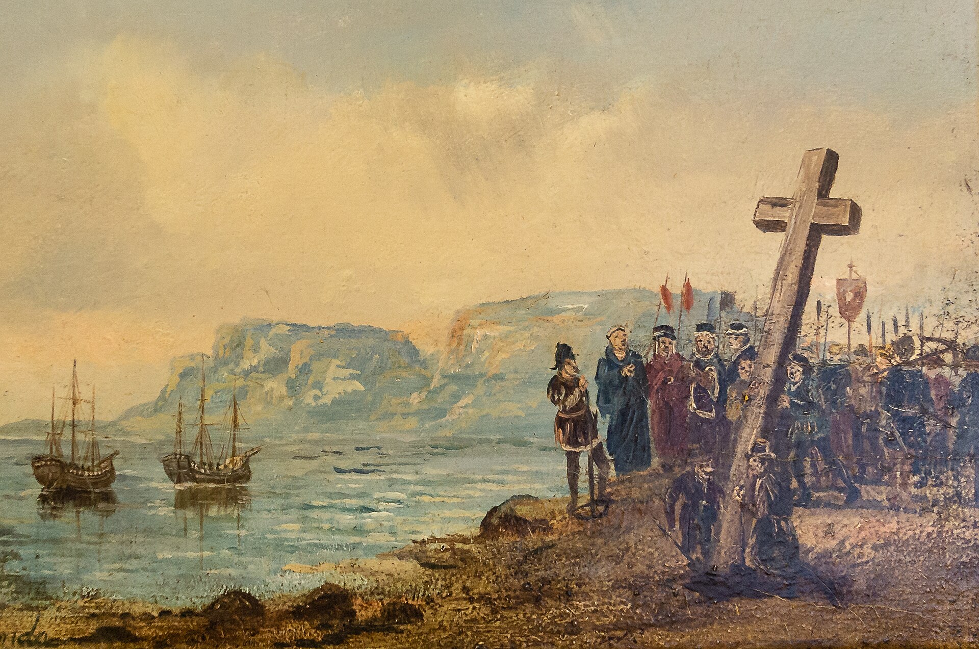 Bartolomeu Dias planting a cross at the Cape; Portuguese ships rounded the southern tip of Africa in 1488.