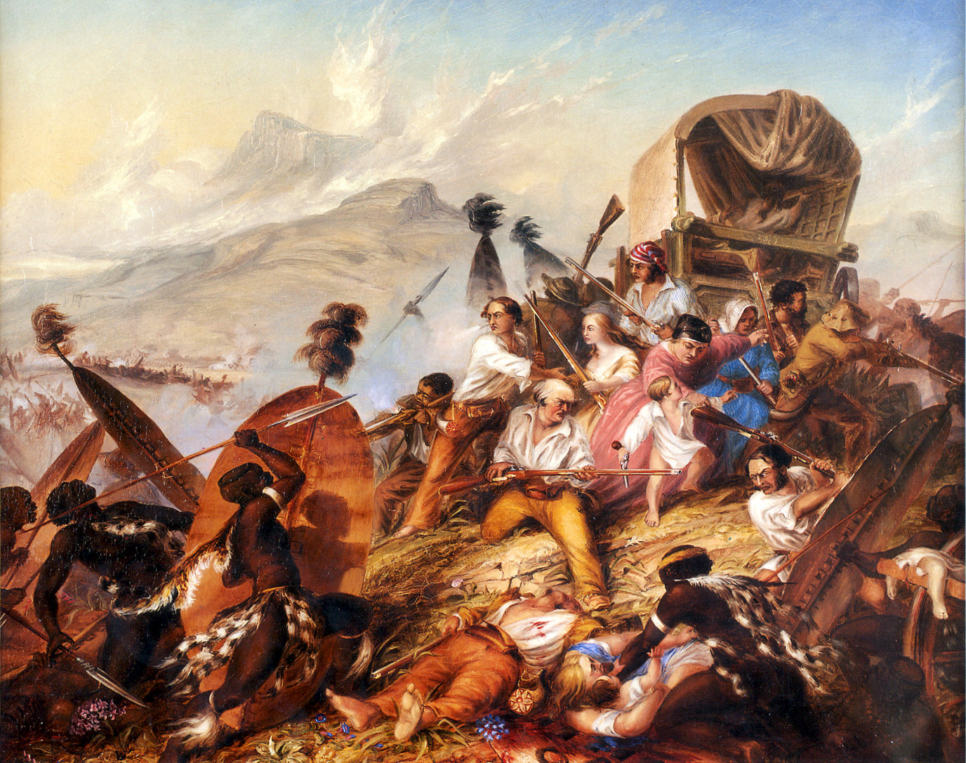 A depiction of a Zulu attack on a Boer encampment in 1838, during the violent contest for the South African interior. Credit: Charles Davidson Bell (1813-1882). The painter was Thomas Baines (November 1820-1875) (Public domain).