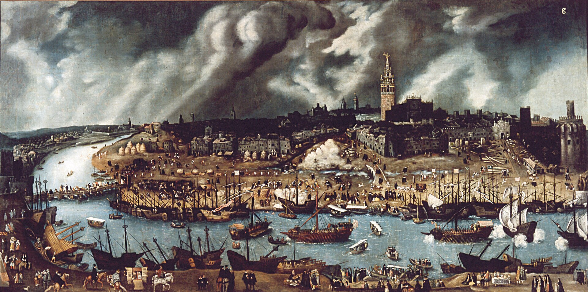 Sixteenth-century Seville. Its harbour held the royal monopoly on trade with Spain's American empire, and the silver of the New World flowed through the city, making it one of Europe's richest.