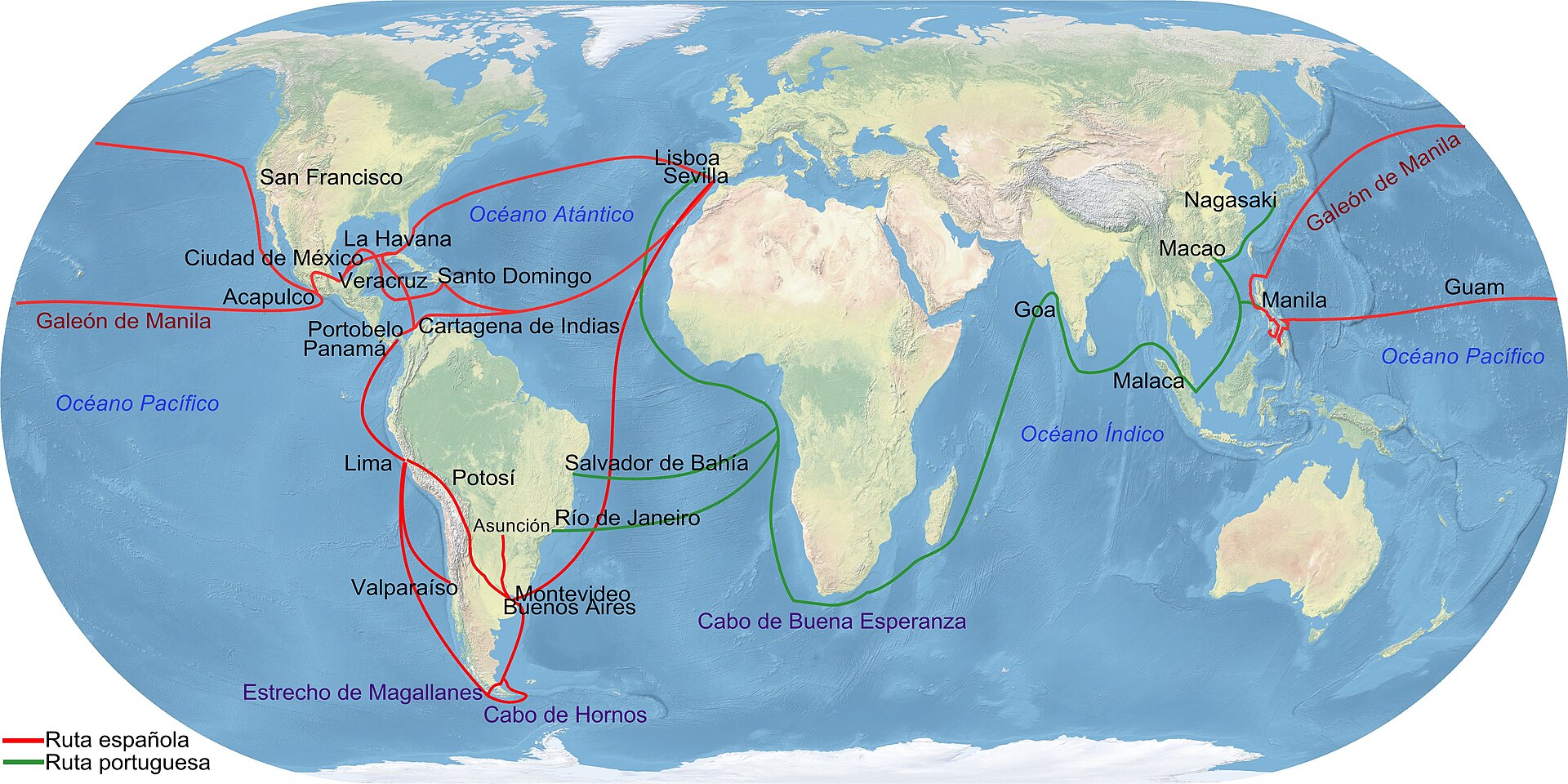 The trade routes of the Spanish Empire. At its height it spanned the globe, from the Americas to the Philippines, an empire on which it was said the sun never set.