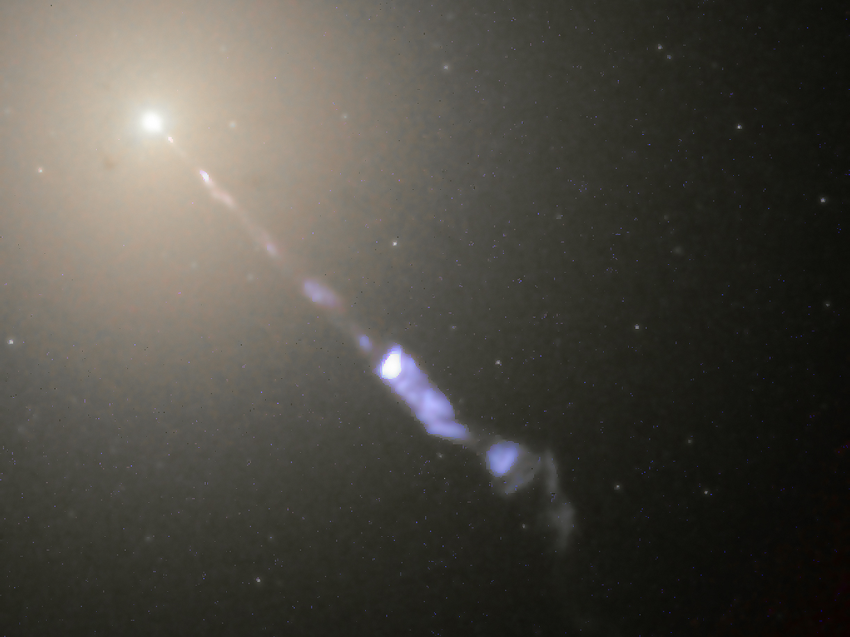 A relativistic jet from the galaxy M87, matter flung outward at nearly the speed of light.