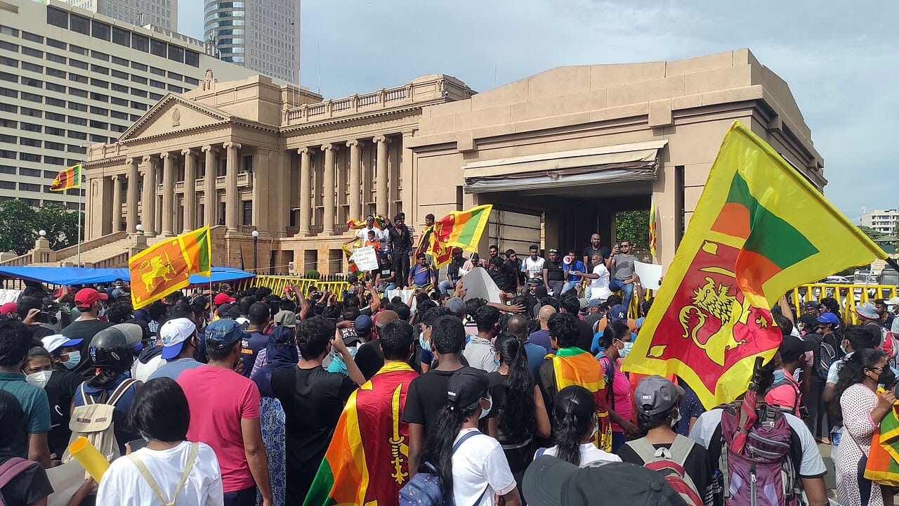 Crowds filling the streets of Colombo during the mass protests of 2022, known as the Aragalaya. The uprising, driven by an economic collapse that brought shortages of fuel and food, forced the president to flee and resign.