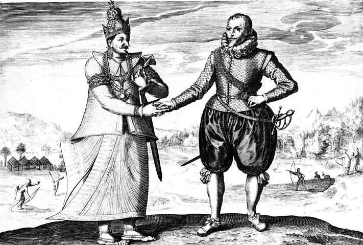 A seventeenth-century engraving of the Dutch admiral Joris van Spilbergen meeting the king of Kandy. The Portuguese, Dutch, and British each ruled the island's coasts in turn before the whole of Ceylon became a British colony.