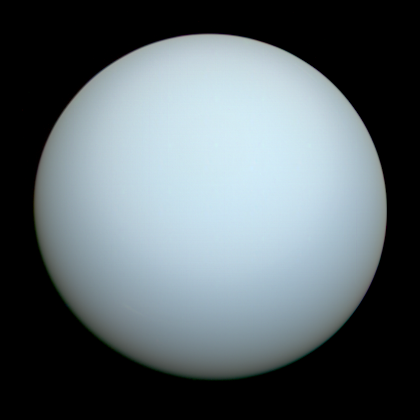 Uranus, an ice giant that rotates on its side, imaged by Voyager 2.