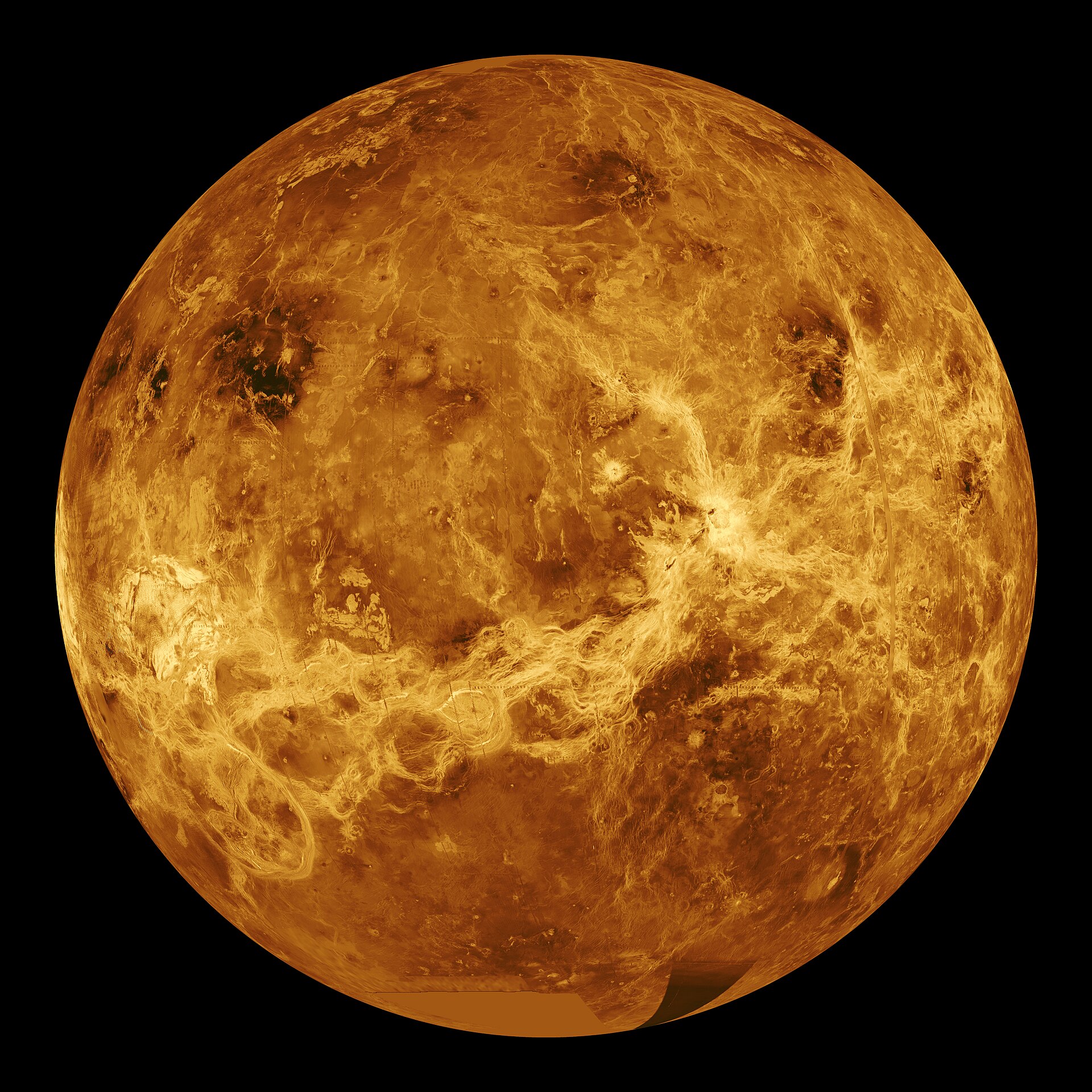 The surface of Venus, mapped by radar through its permanent veil of cloud.