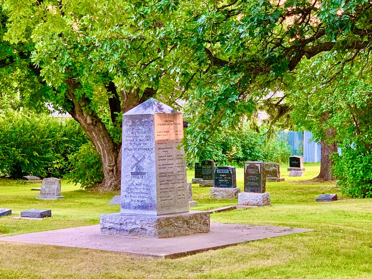 The Steinbach cenotaph. Mennonite conscientious objection to military service makes war memorials in these communities a more complicated matter than elsewhere.