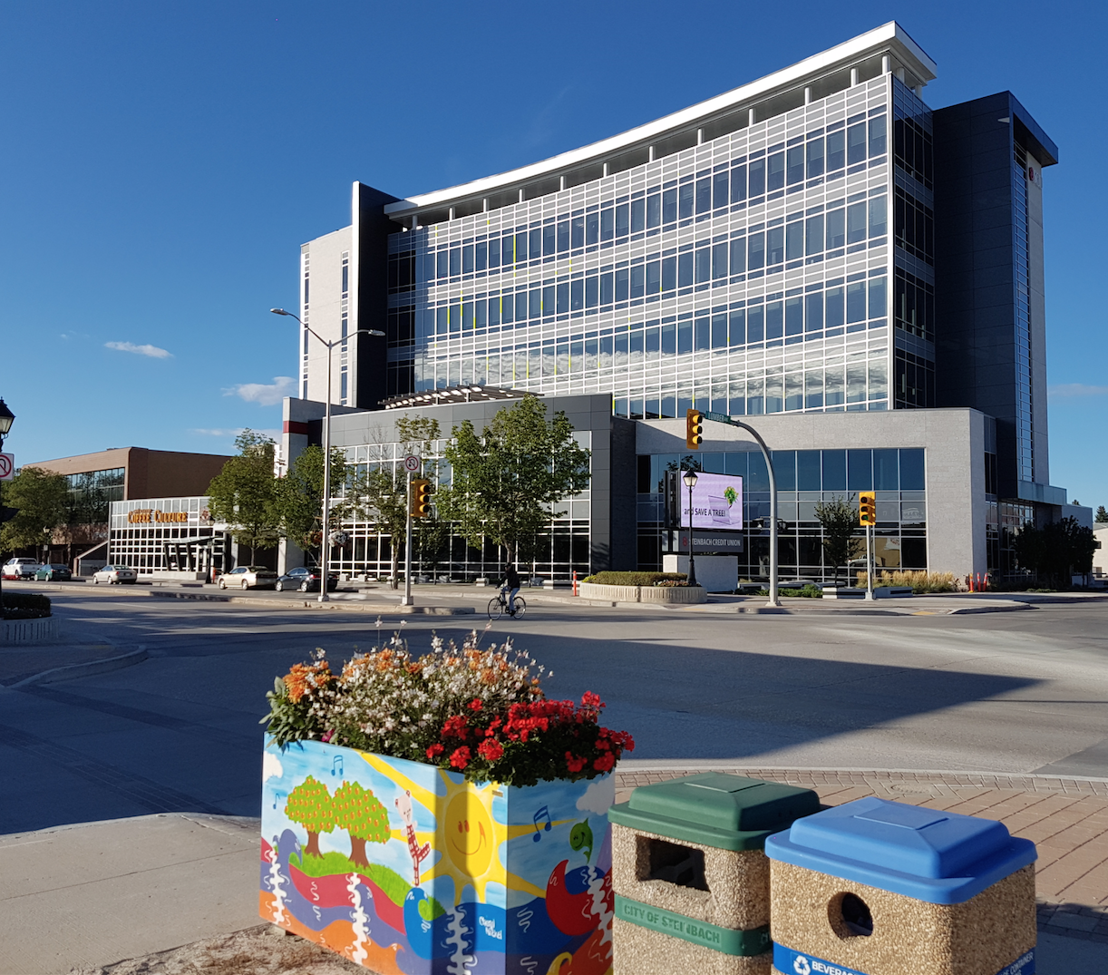 The head office of a locally founded credit union. Cooperative finance has deep roots in Mennonite communities, and several of the province's largest credit unions began in the southeast.