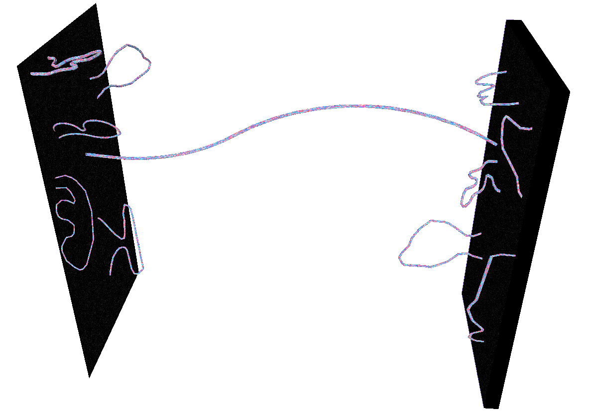 Open strings attached to a pair of D-branes, structures that arise within string theory.
