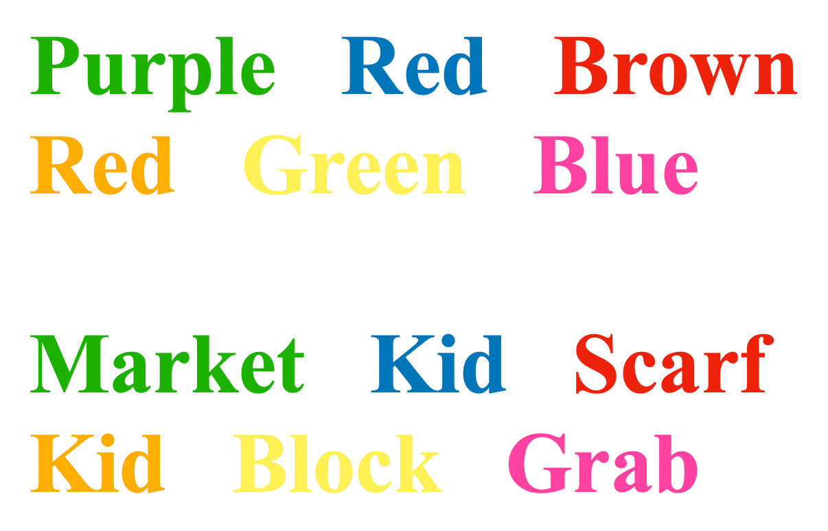 Stroop stimuli. Naming the ink colour is fast when word and colour agree and reliably slower when they conflict, by a few hundred milliseconds.
