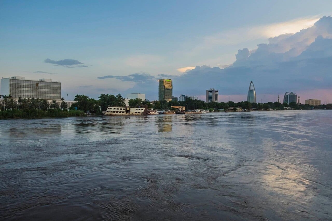 The Nile at Khartoum, the Sudanese capital that grew up where the Blue Nile, from the Ethiopian highlands, joins the White Nile, from the great lakes of Africa. The river is the lifeline of a country that is mostly desert.