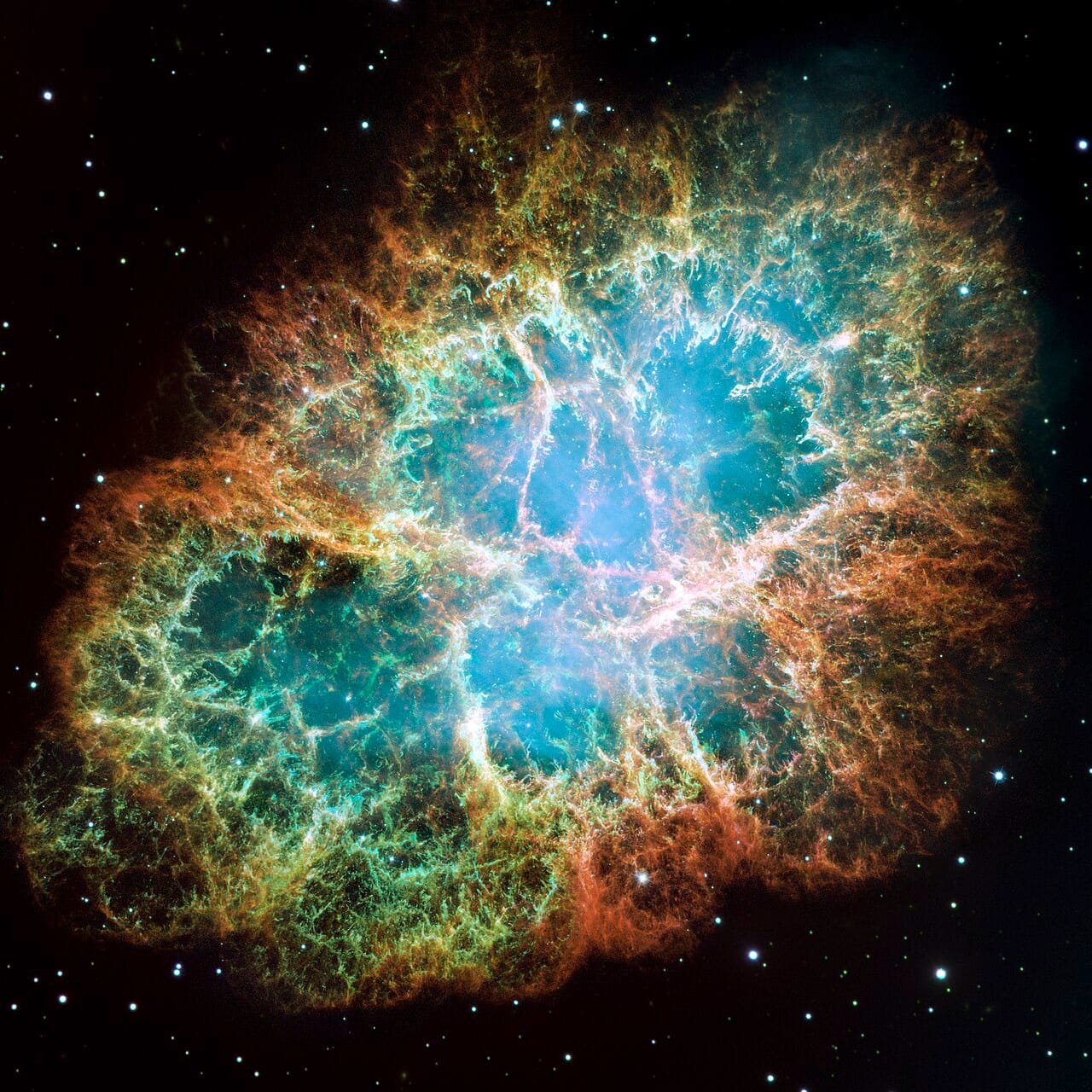 The Crab Nebula, the expanding remnant of the supernova recorded in 1054. Its rate of expansion, traced backwards, matches the date in the records.