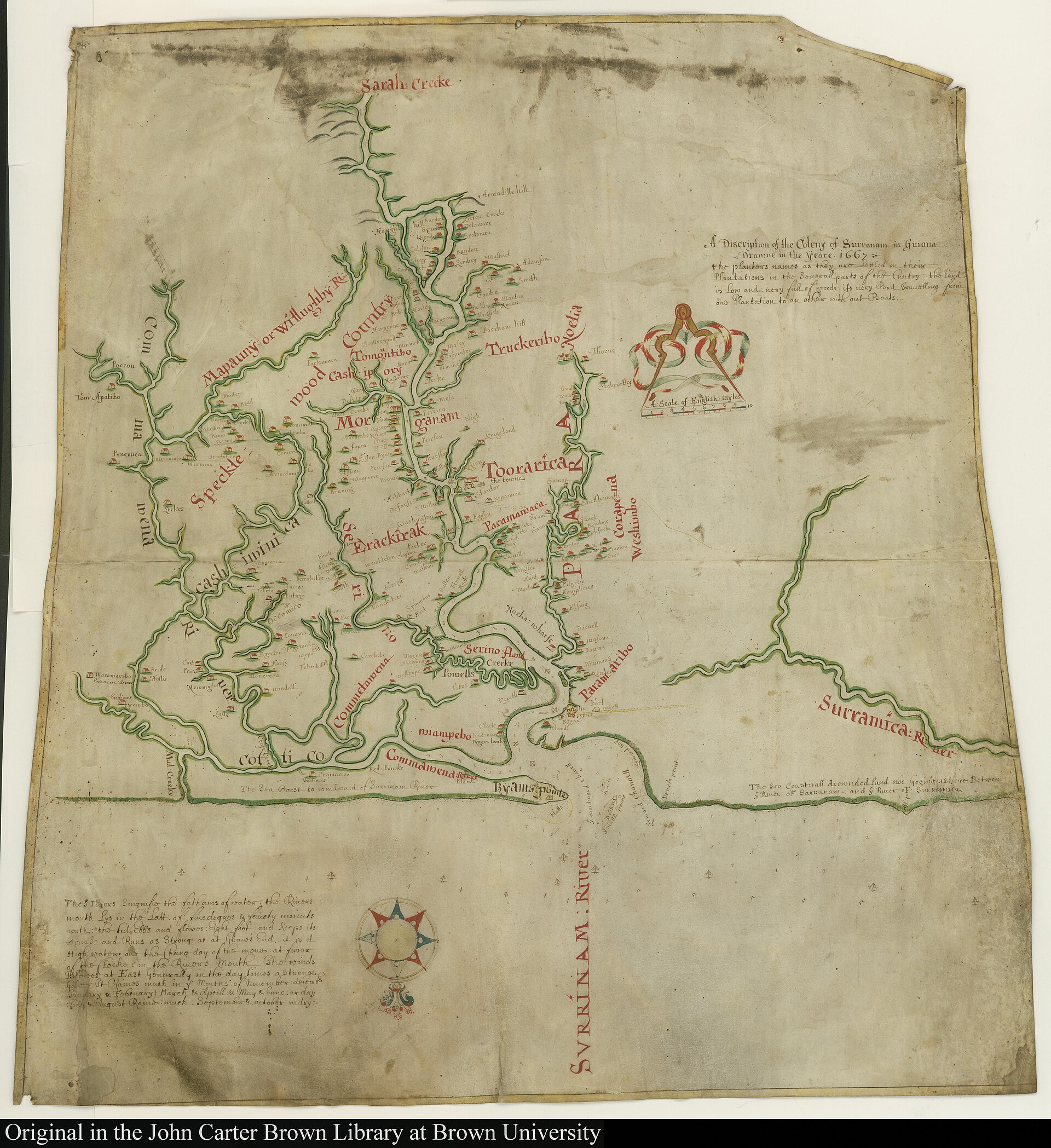 The earliest known map of Suriname. The Dutch took the colony in 1667, keeping it in a famous swap in which they handed New Amsterdam, the future New York, to the English in exchange.