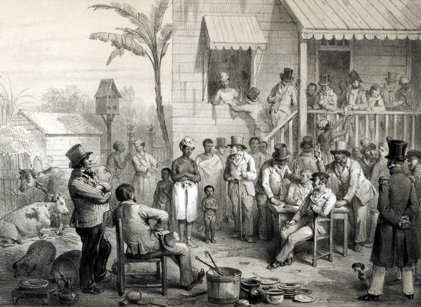 A slave auction in Paramaribo in 1831, a scene from the brutal plantation system of Dutch colonial Suriname. Credit: Pierre Jacques Benoit (1782-1854) (Public domain).