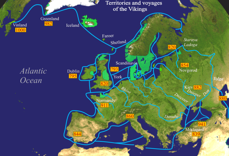 The reach of Viking voyages and settlements, which spread Norse seafarers across Europe and beyond. Credit: en:User:Bogdangiusca (CC BY-SA 3.0).