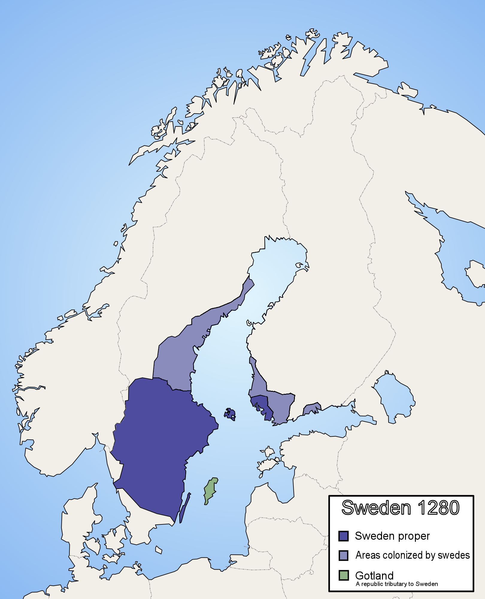 The rough extent of Swedish rule around 1280, as a unified medieval kingdom took shape.