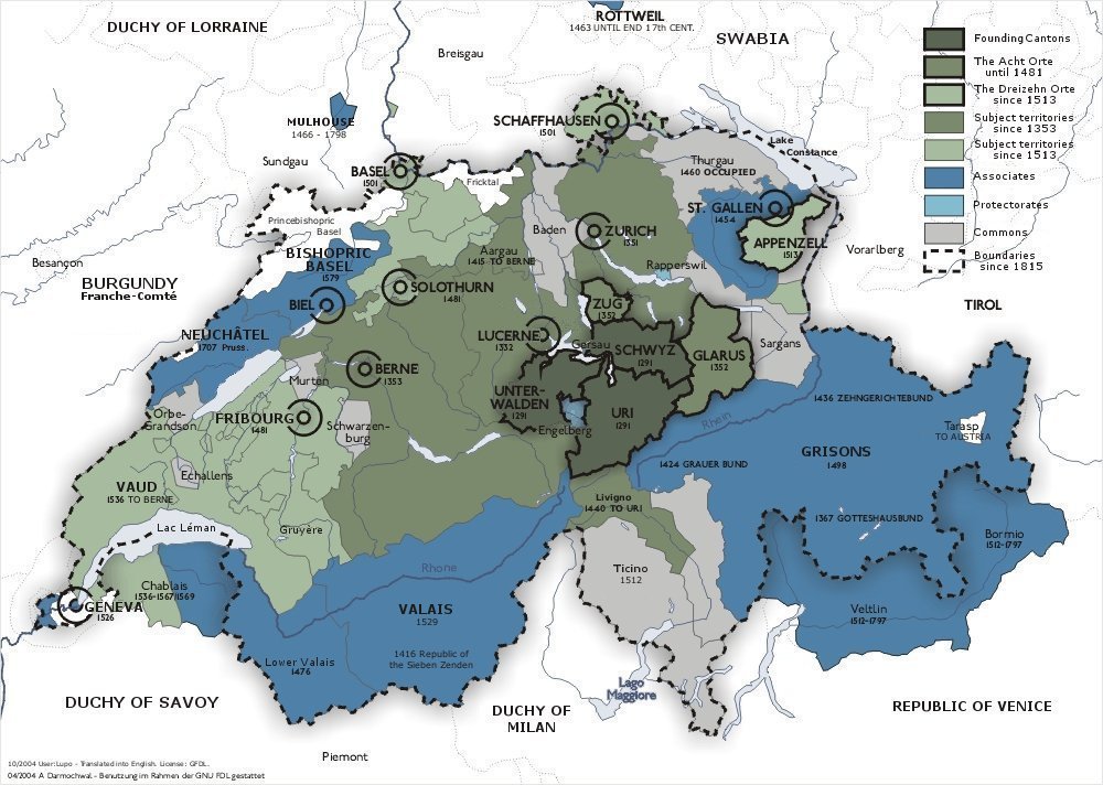 The growth of the Old Swiss Confederacy, from the three founding cantons of 1291 outward over the centuries. What began as a defensive pact among Alpine communities slowly became a lasting union.