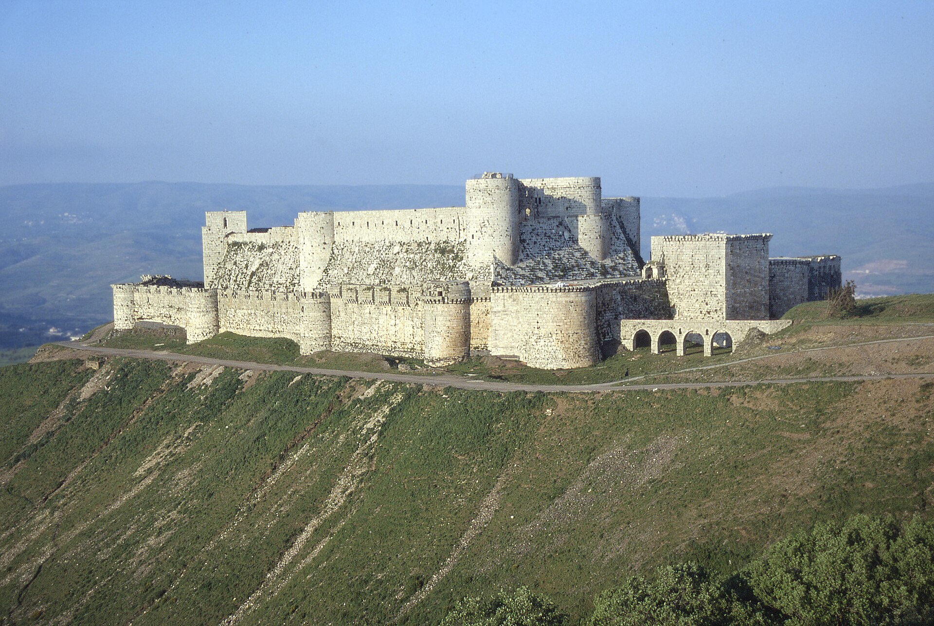 Krak des Chevaliers, a Crusader castle in western Syria and one of the best-preserved medieval fortresses in the world. Held by a military order in the twelfth and thirteenth centuries, it guarded the route between the coast and the interior.