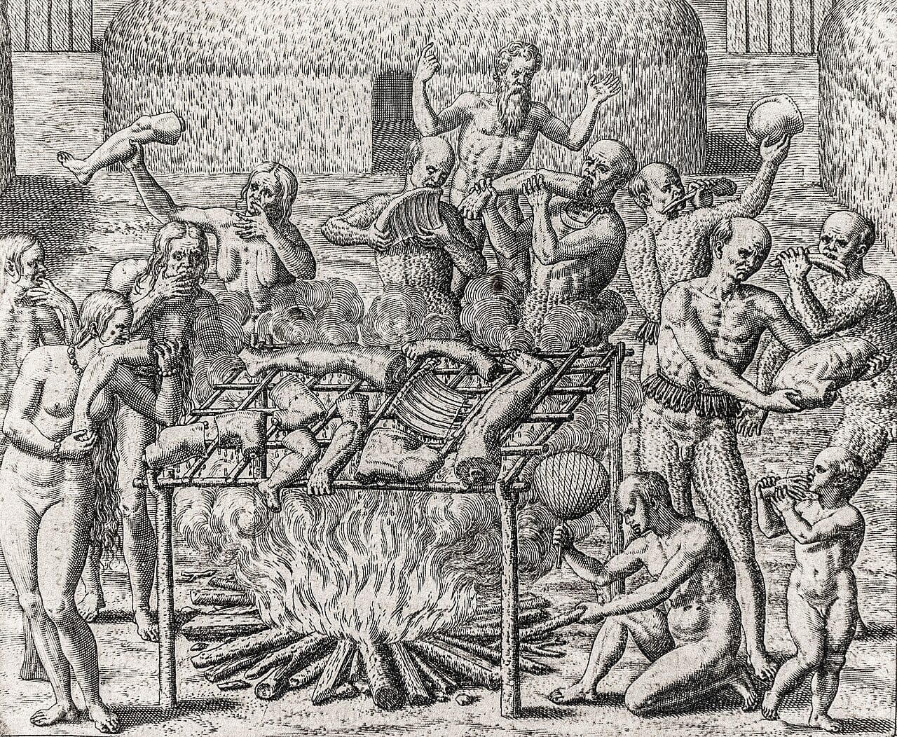 A sixteenth century European engraving depicting cannibalism in Brazil. Images of this kind were produced to characterise distant peoples and are evidence about European attitudes rather than reliable records of practice.