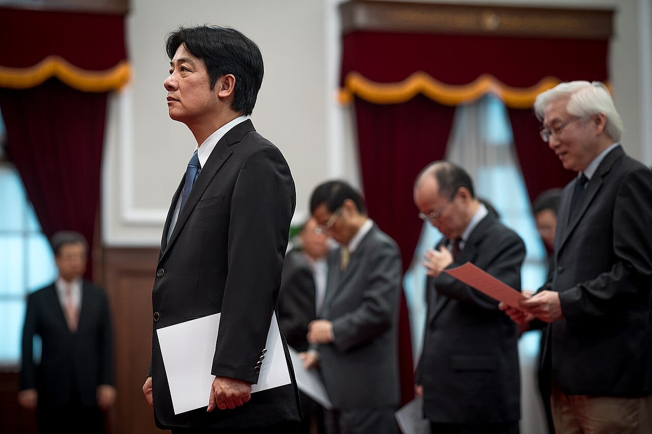 The swearing-in of senior officials at the Presidential Office. Martial law was lifted in 1987, the first direct presidential election was held in 1996, and power has alternated between parties at the ballot box ever since.