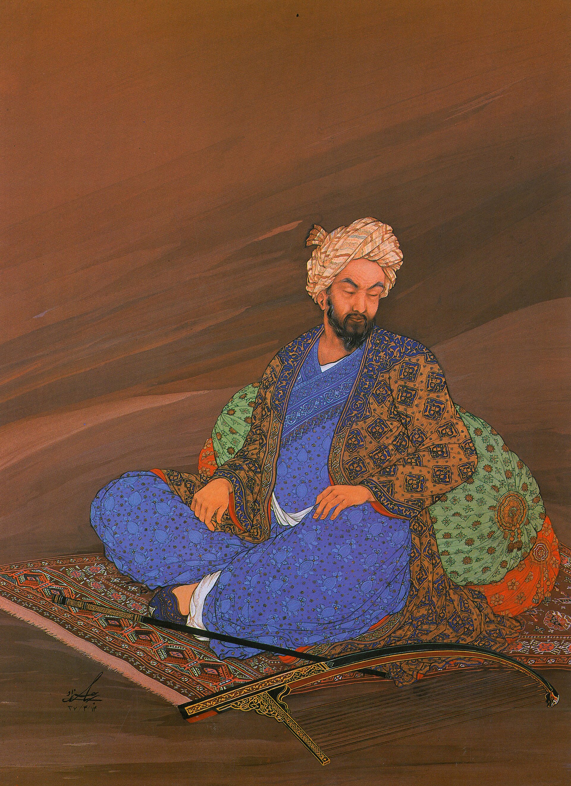 A miniature imagining Rudaki, the tenth-century poet regarded as the father of Persian literature. Associated with the Samanid golden age, he is celebrated as a national symbol of Tajikistan.