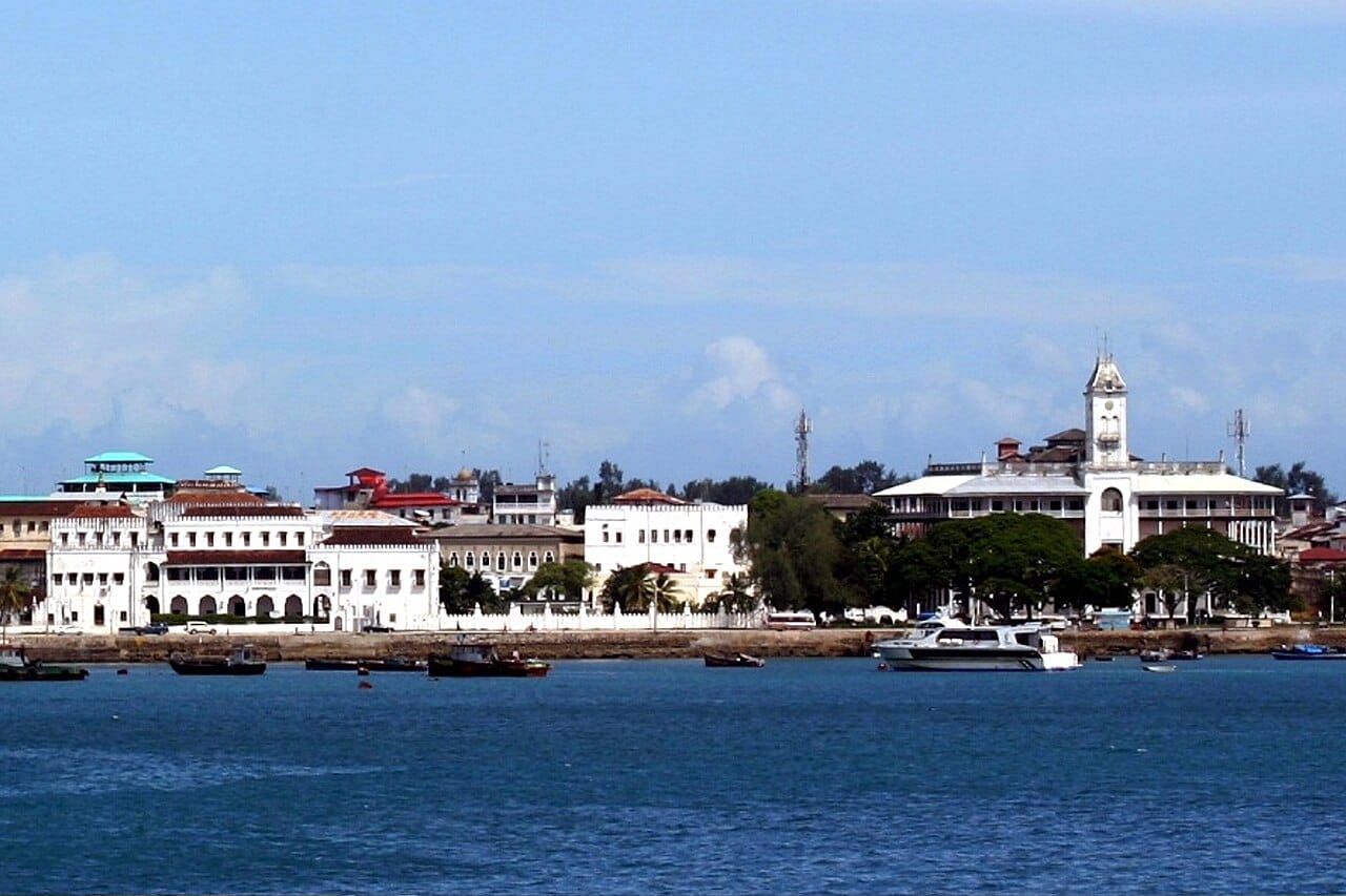 The seafront of Stone Town, the historic heart of Zanzibar City and a World Heritage site. Its palaces, mosques, and coral-stone houses embody the rich Swahili culture, a centuries-old fusion of African, Arab, and Indian worlds.