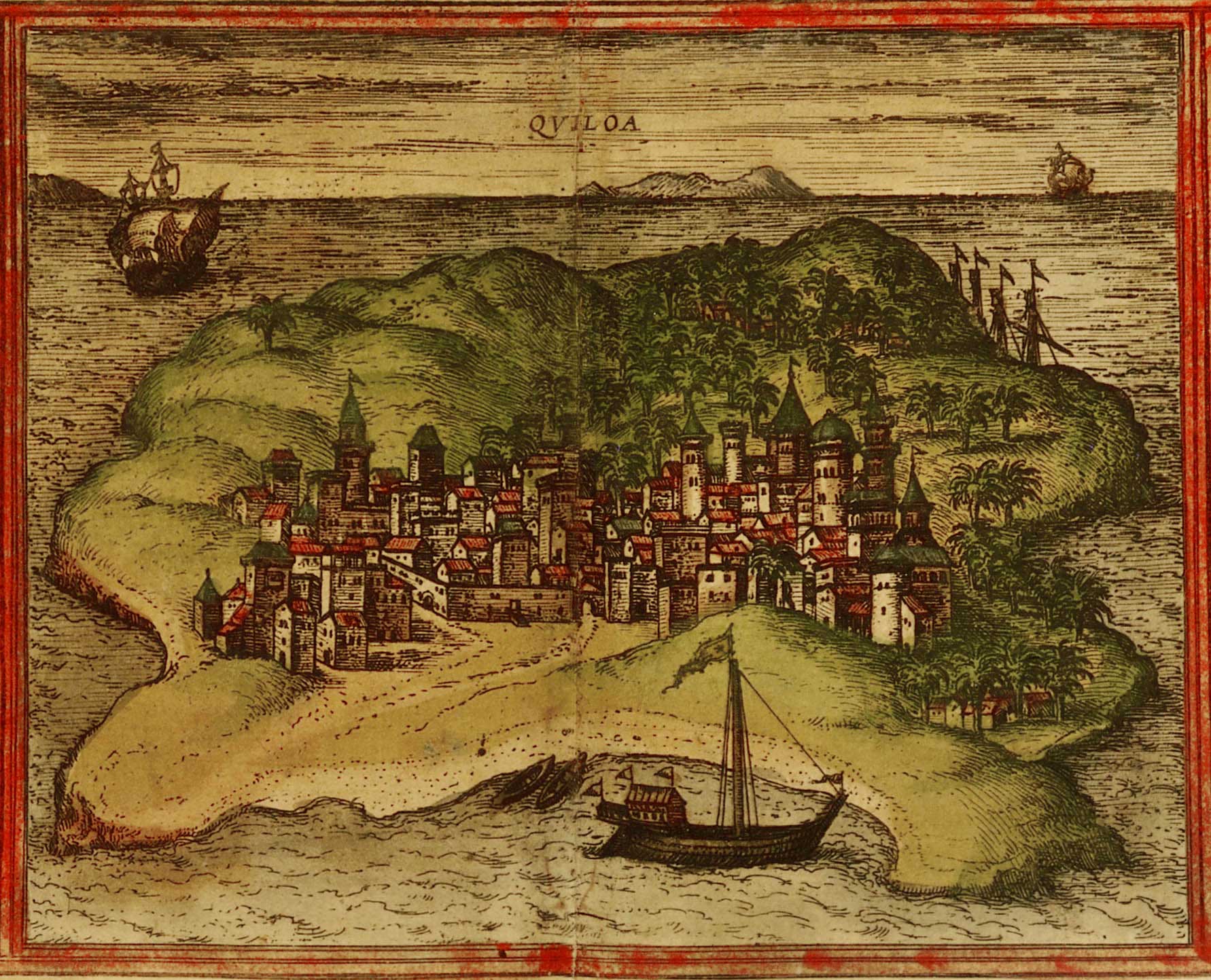 A 1572 European depiction of the city of Kilwa, one of the wealthy Swahili trading states of the coast. For centuries these cosmopolitan cities grew rich on the commerce of the Indian Ocean.