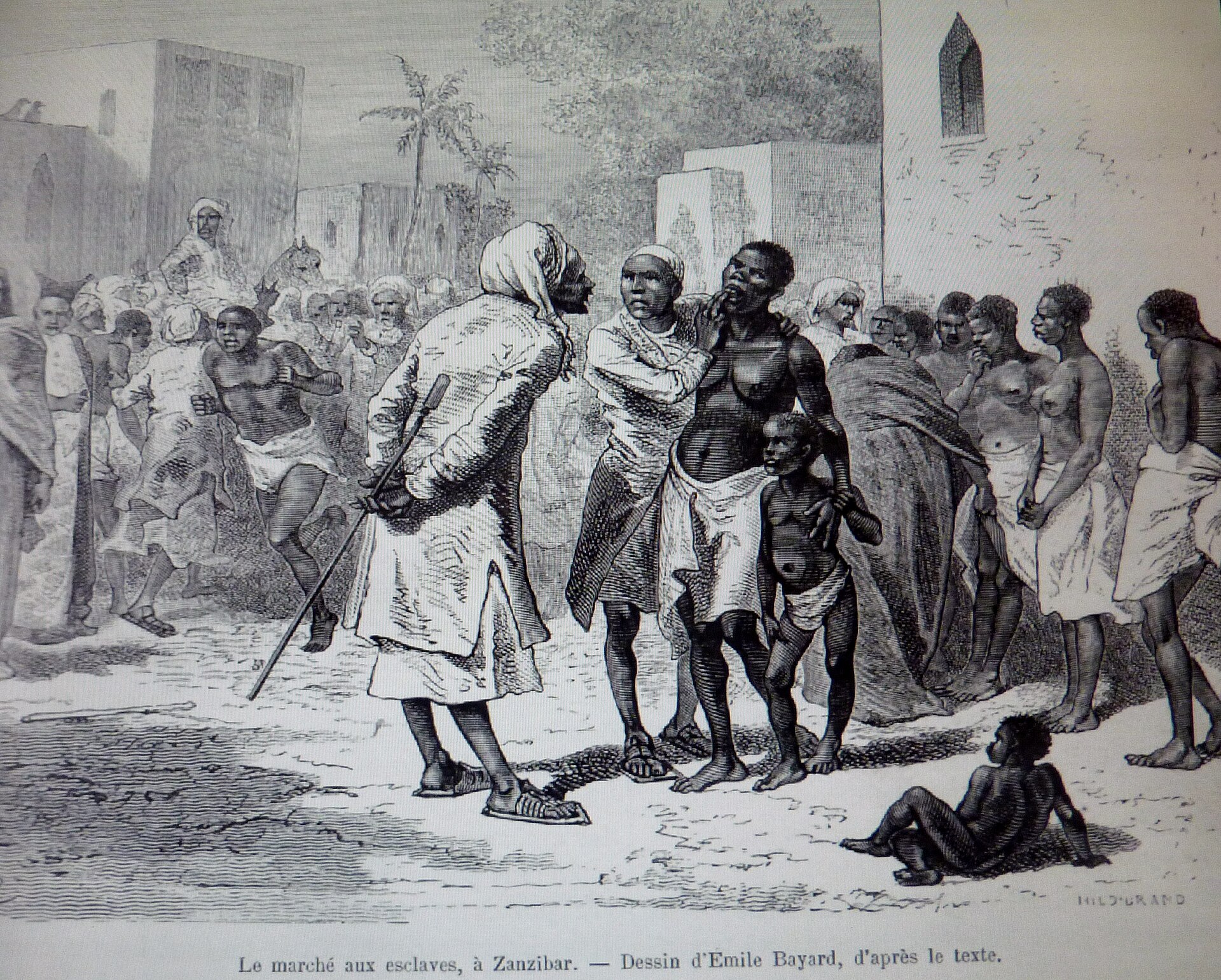 The slave market in Zanzibar around 1860. Under the Omani sultans, the spice islands became a notorious centre of the East African slave trade, a dark chapter later ended under British pressure.