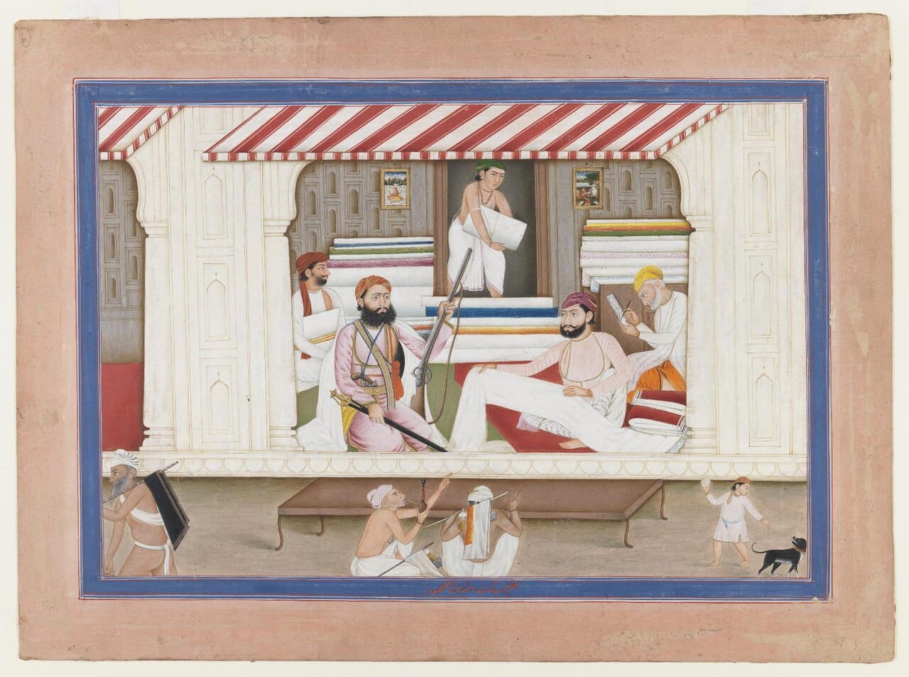 A cloth merchant's shop. Textiles were traded over long distances well before industrialisation, and the trade in finished cloth financed much of it.