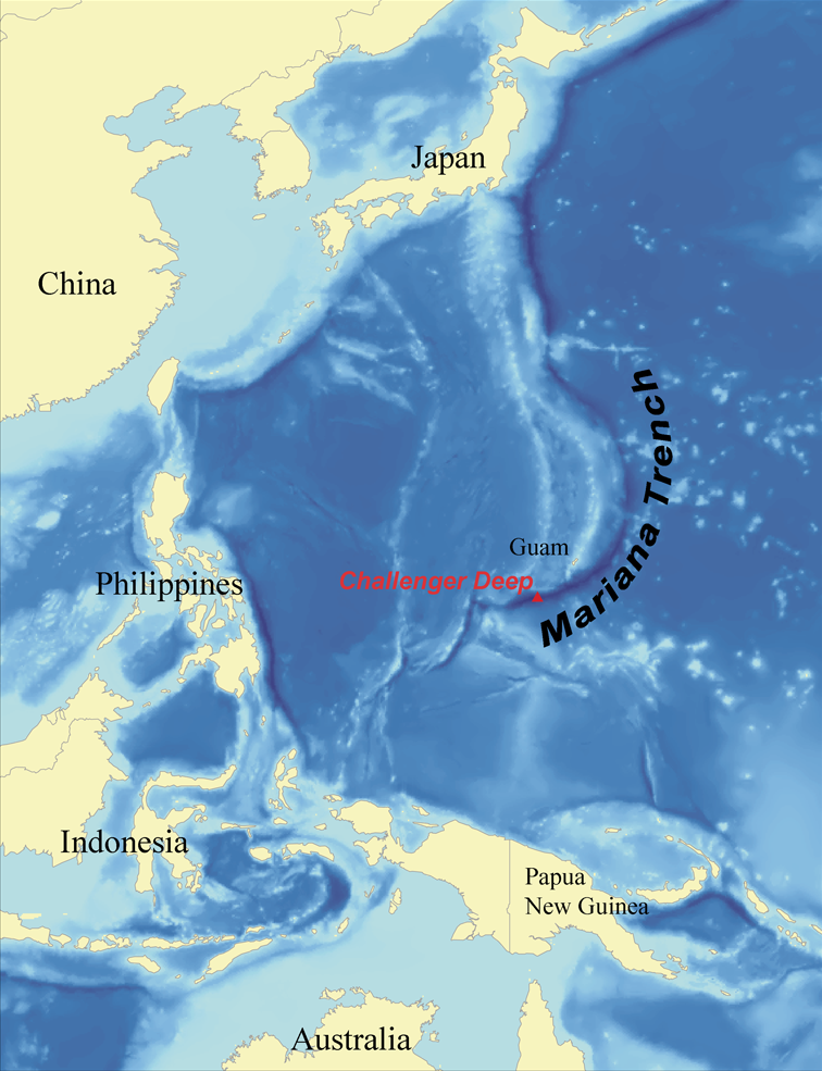 The Mariana Trench. Its deepest point has been reached by crewed vessels only a handful of times, and most of the deep sea floor has never been directly observed.