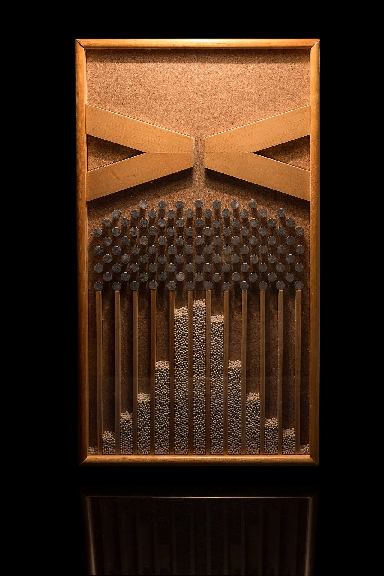 A Galton board. Balls falling through a grid of pins are deflected left or right at random, and the accumulated result approximates a normal distribution.