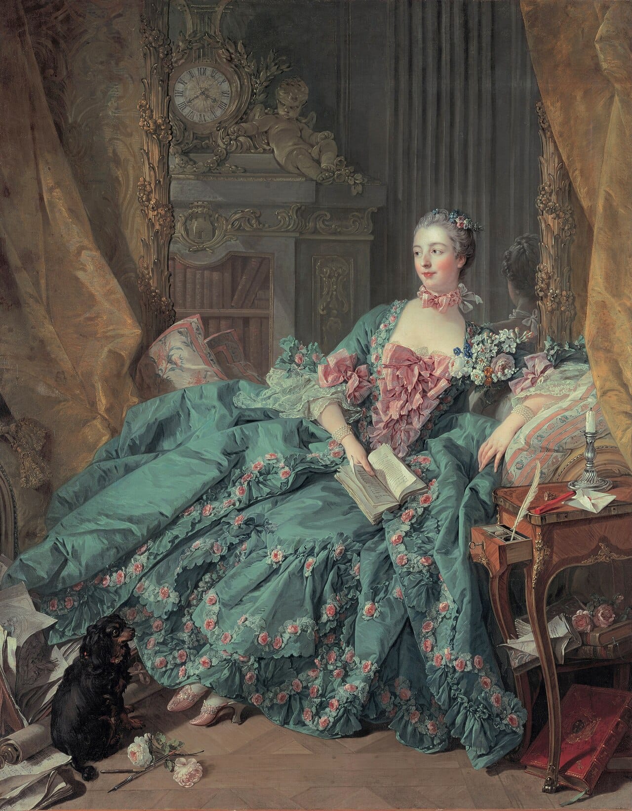A portrait of Madame de Pompadour holding a book. Reading for pleasure, privately and silently, became an ordinary activity for a growing public, which is the social precondition for the novel as a commercial form.