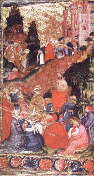 A fifteenth century frontispiece to Chaucer's Troilus and Criseyde. Long narrative fiction in Europe before the novel was generally in verse and was often read aloud to a group.