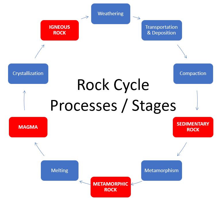 Stages of the cycle. Any rock exposed at the surface weathers, any rock buried deeply enough is altered, and any rock taken deep enough melts.
