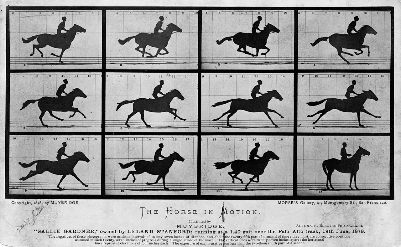 Muybridge's sequential photographs, made in 1878 to settle whether a galloping horse ever has all four hooves off the ground. A question that argument could not resolve was settled by an apparatus designed for the purpose.