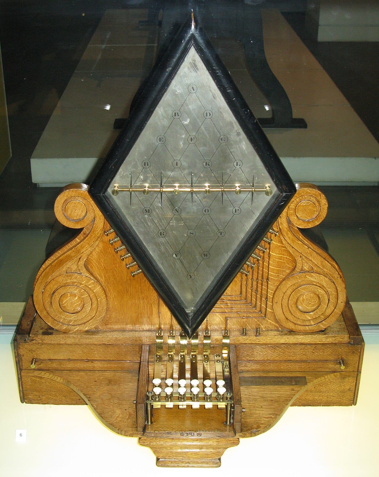 The Cooke and Wheatstone needle telegraph. Deflecting needles pointed at letters on a dial, which required no code to be memorised and more wires to be strung.