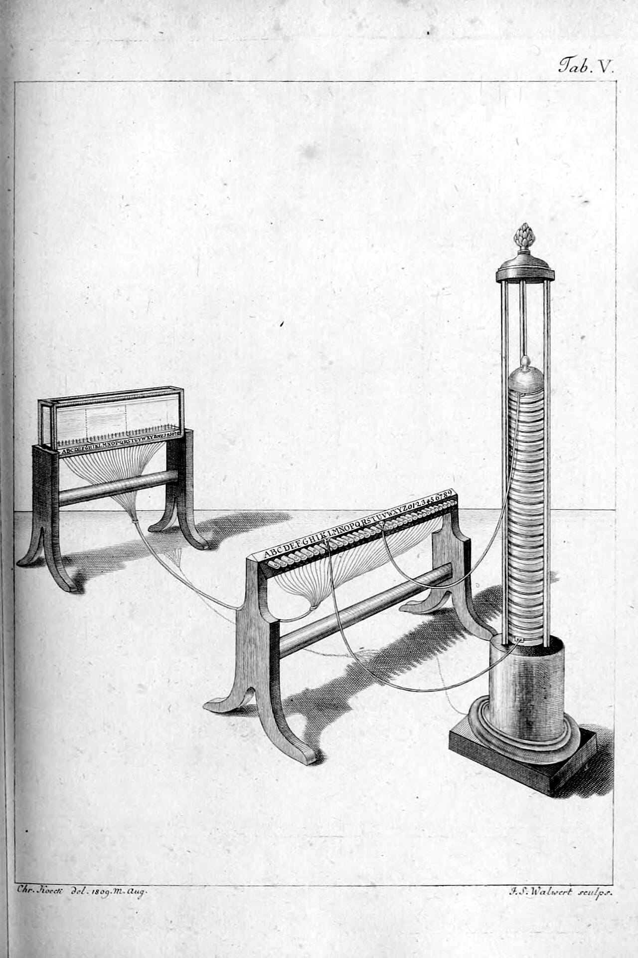 An early experimental telegraph using chemical detection. Numerous schemes preceded the practical systems, and most failed on the difficulty of detecting a weak current reliably.