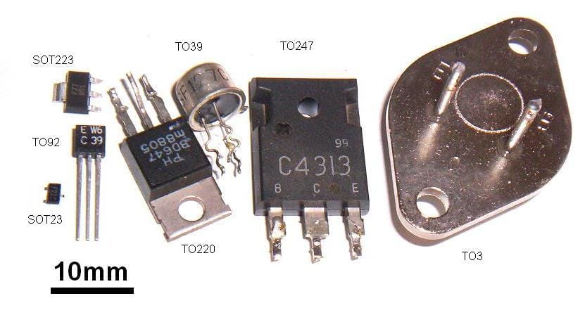 Discrete transistors. The same three-terminal device, in which one terminal controls current between the other two, underlies both amplification and digital logic.
