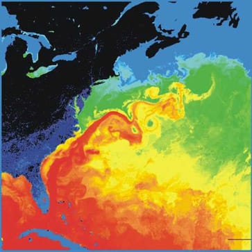 The Gulf Stream, the warm surface flow that carries heat northward across the Atlantic. It is driven mainly by wind, and the overturning circulation acts on it rather than creating it.