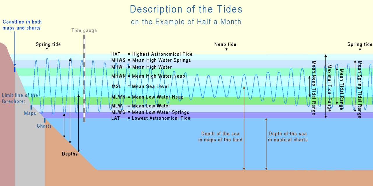 The standard terms for tidal levels and their variation through half a lunar month. Range, not absolute height, is what the spring and neap cycle changes.