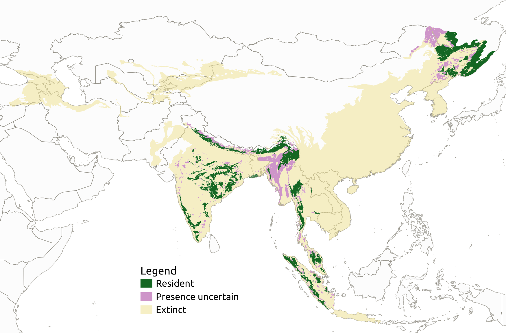 A map of the tiger's range, now a fraction of its former extent across Asia. Credit: BhagyaMani (CC0).