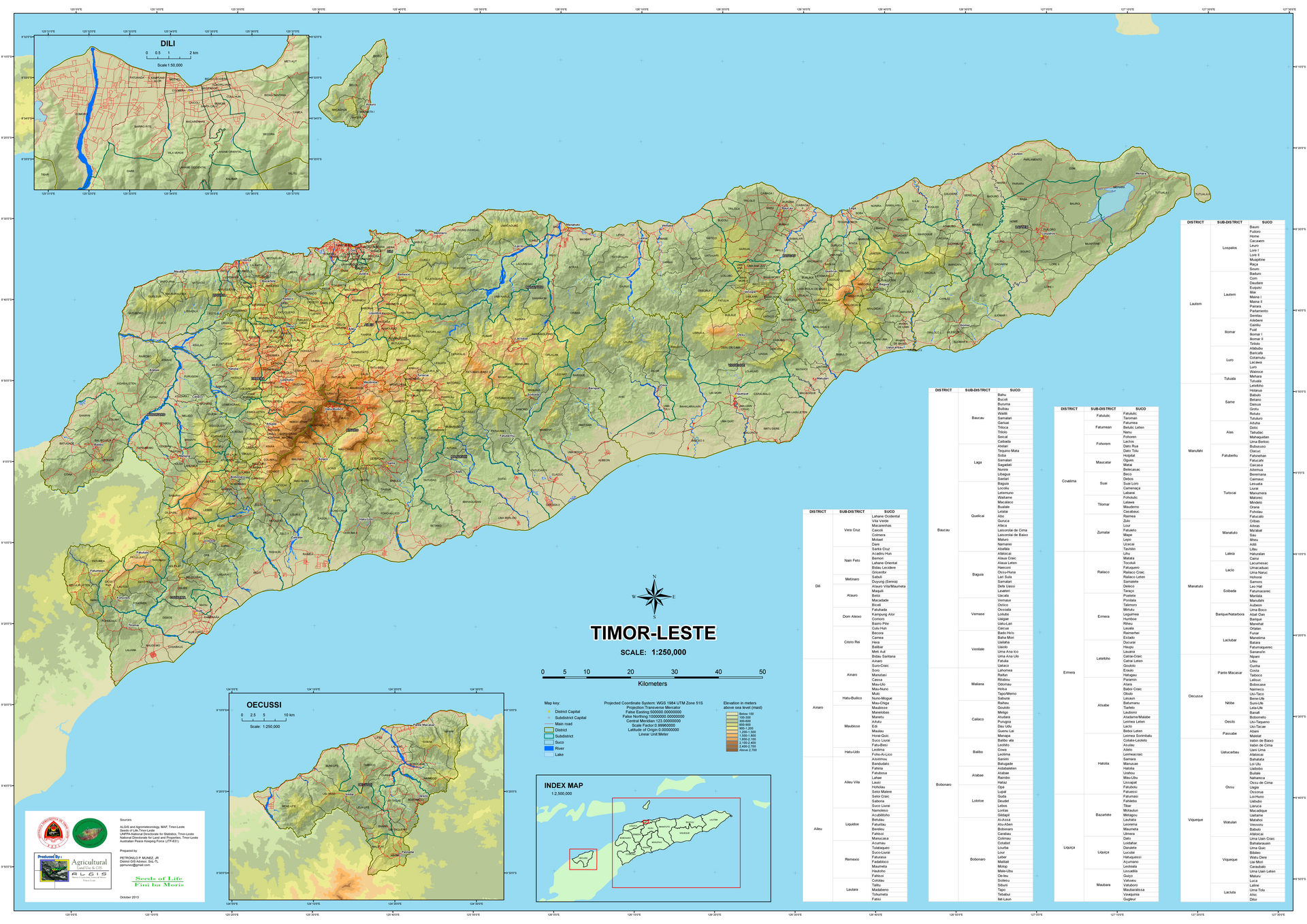 A relief map of Timor-Leste, showing the rugged central mountains that run the length of the country. The steep terrain, dropping to narrow coastal plains, shapes settlement and farming across the young nation.