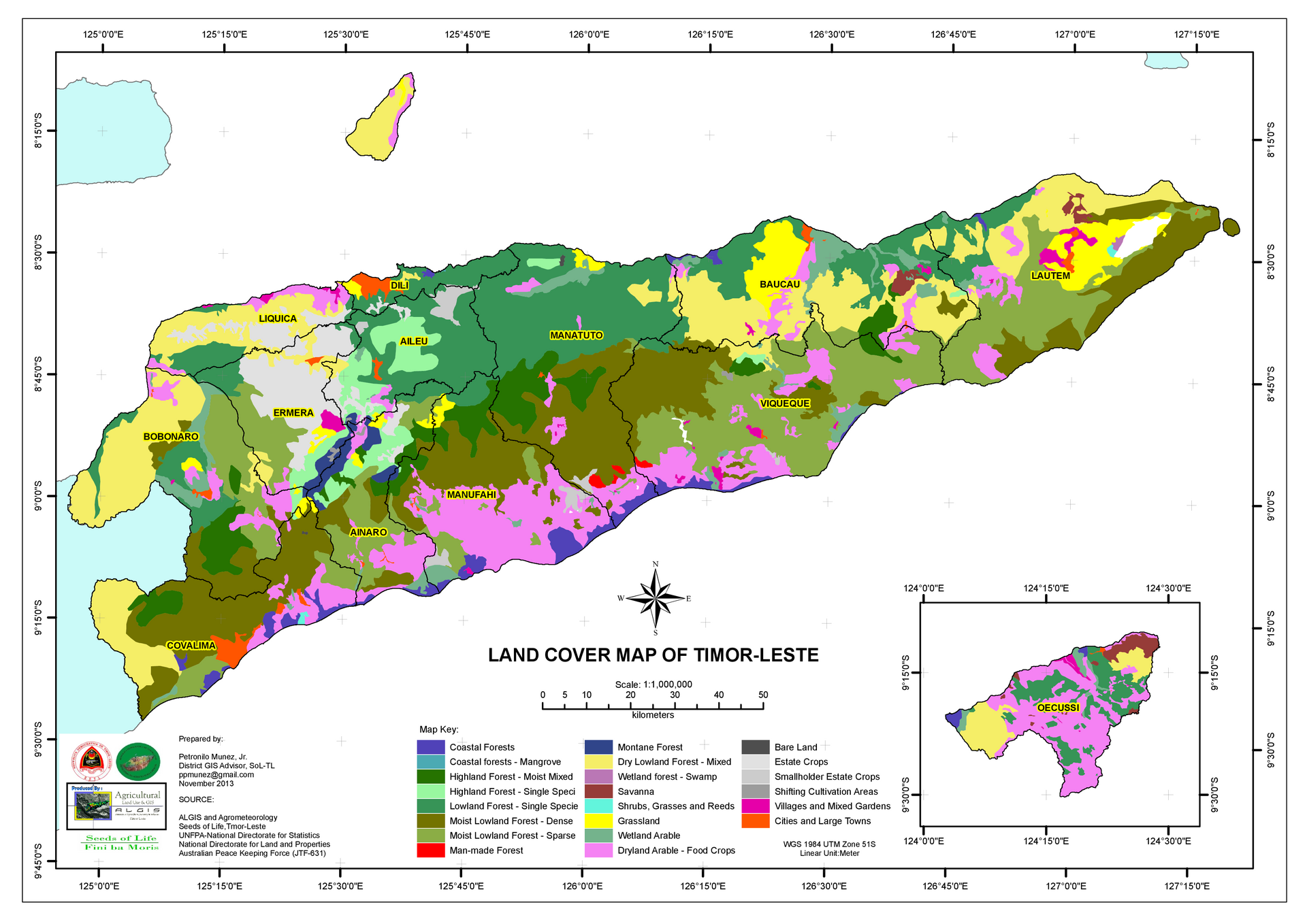 A land-cover map of Timor-Leste. Much of the country is steep and prone to erosion, and its people farm the hillsides and narrow lowlands, from the coffee-growing highlands to the coastal plains.