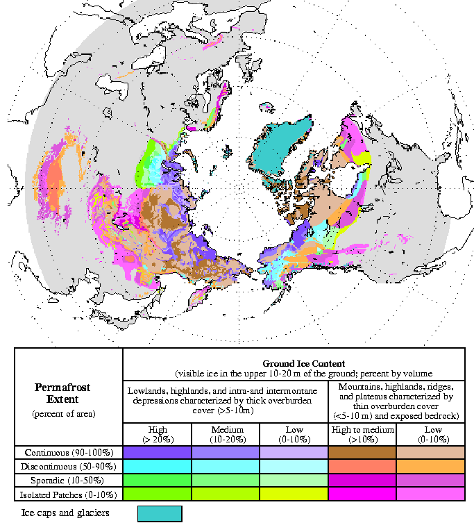 Permafrost distribution across the Arctic. Thawing ground releases carbon dioxide and methane, warming the ground further, though whether this constitutes a threshold or a gradual response is disputed.