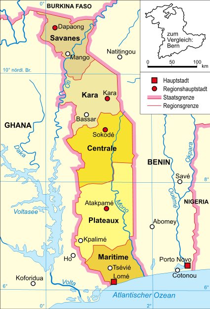 A political map of Togo. The country runs some 550 kilometres inland from a coastline of only 56 kilometres, the shortest in the region, giving it a full climatic gradient from tropical coast to Sahelian north.