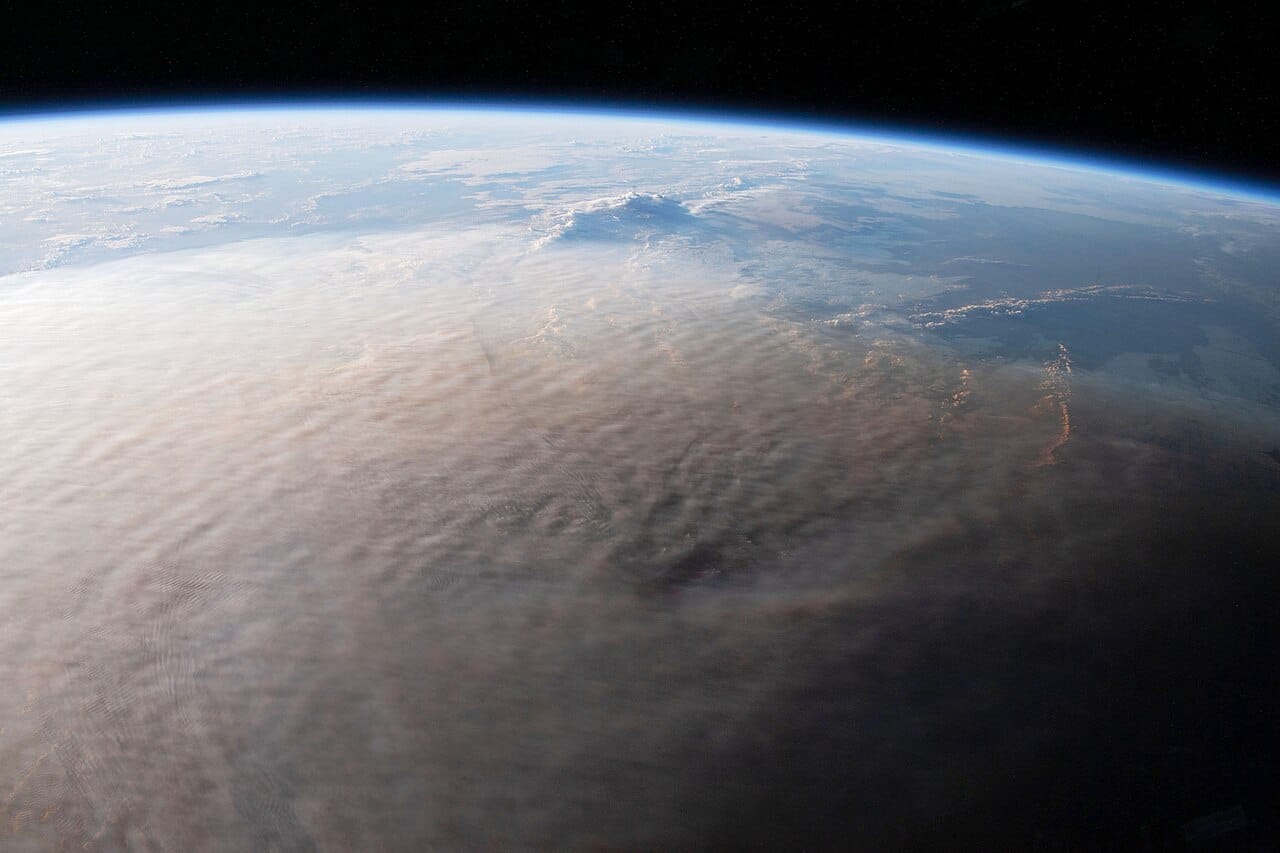 The vast plume of the Hunga Tonga-Hunga Ha'apai eruption of January 2022, seen from the International Space Station. One of the most powerful eruptions ever recorded, it triggered a tsunami, coated Tonga in ash, and cut the kingdom's only undersea cable to the world.