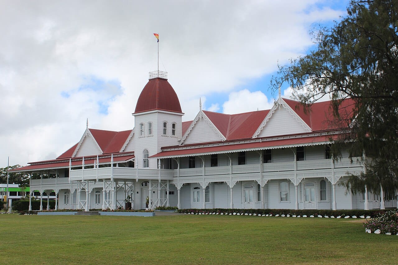 The Royal Palace in Nuku'alofa, the capital of Tonga, on the island of Tongatapu. The white timber palace, built in the nineteenth century, is the seat of the last reigning monarchy in the Pacific.