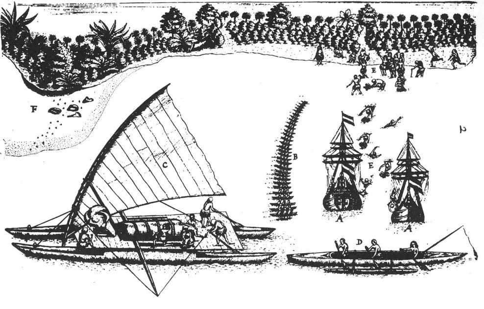 The arrival of the Dutch navigator Abel Tasman at Tongatapu in 1643, the first European contact with Tonga. Tasman's brief visit opened more than a century before Cook made the islands famous in Europe.