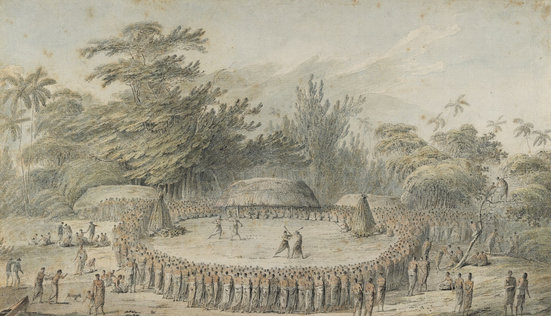 A reception for Captain Cook in the Haapai islands in the 1770s; Cook called Tonga the Friendly Islands. Credit: John Webber (Public domain).