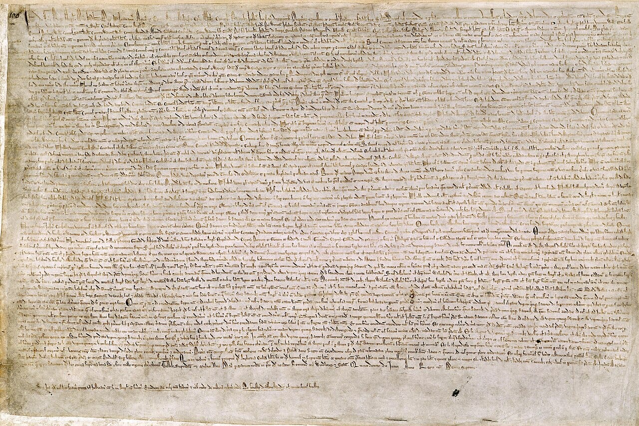 Magna Carta, 1215. Clause 39 promised that no free man would be imprisoned or dispossessed except by the lawful judgement of his peers or by the law of the land.